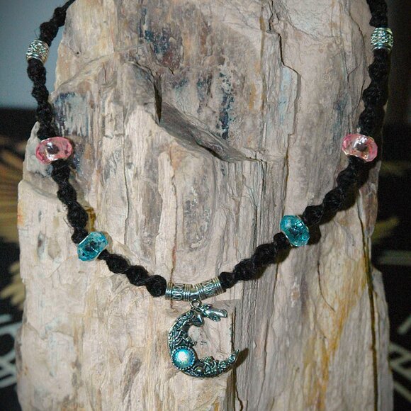 Art Nouveau Celestial Crescent Moon on an 18 1/2" Handmade Black Hemp Necklace - Picture 2 of 5